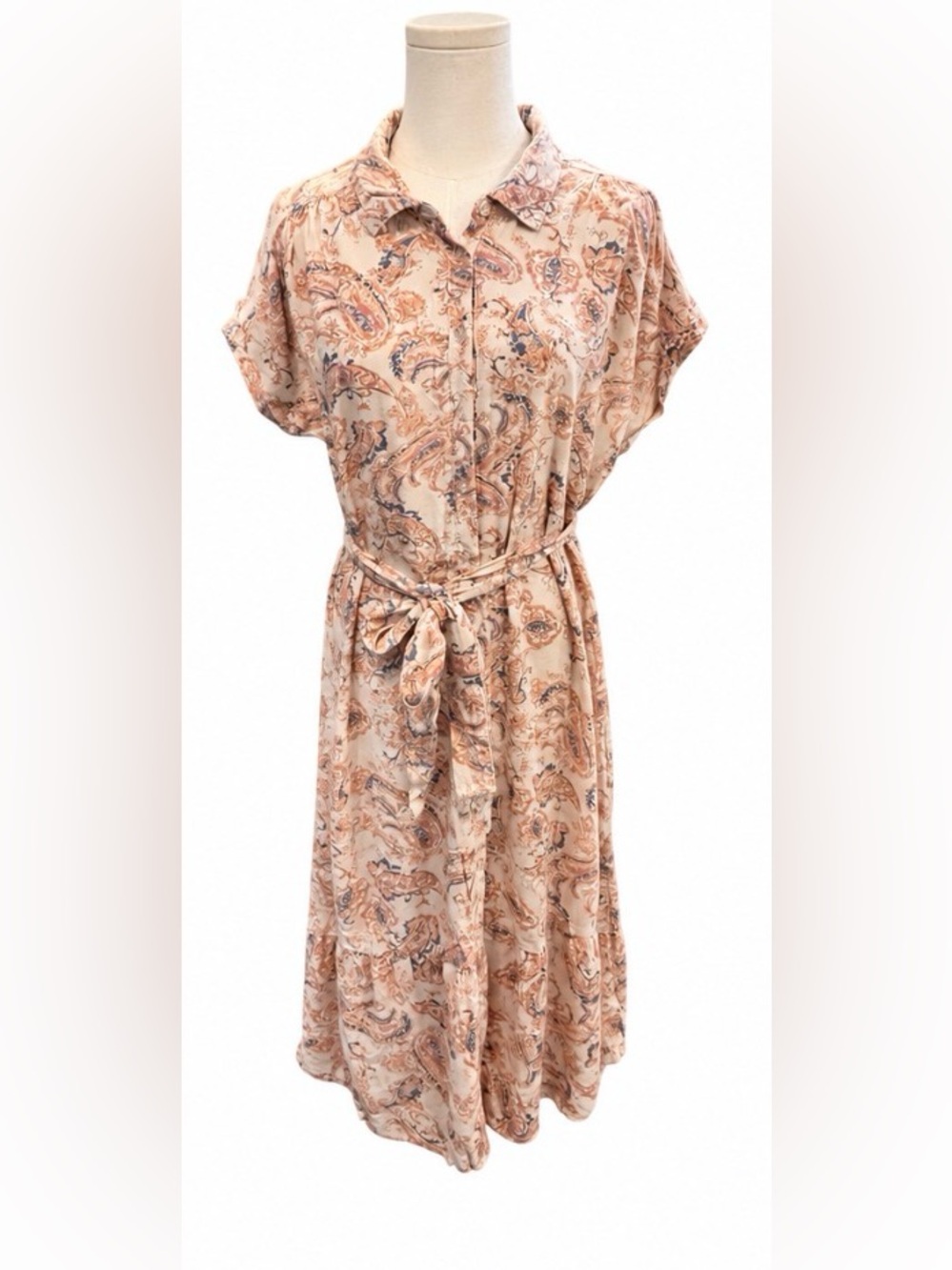 Lucky Brand Paisley Shirt Dress Medium Boho Tie Waist Midi Dress Cream Pink Blue
